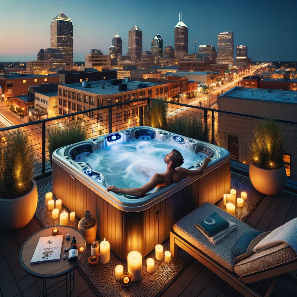 Tranquil rooftop setting in downtown Indianapolis with a steaming hot tub, soft LED lights, city background, aromatherapy accessories, and a person relaxing in the spa.