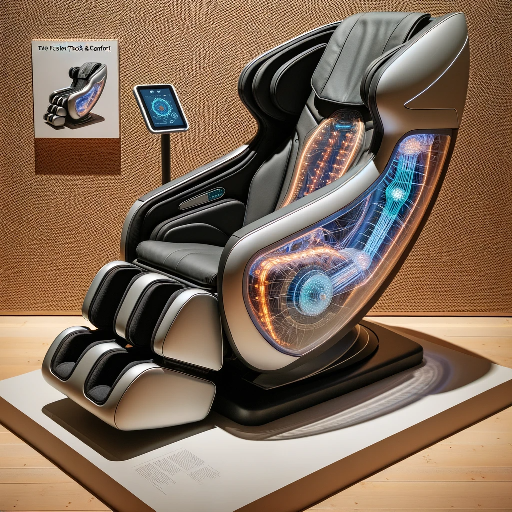 Modern massage chair with a transparent section revealing high-tech components like sensors and motors, and a touchscreen interface on the armrest for custom settings.